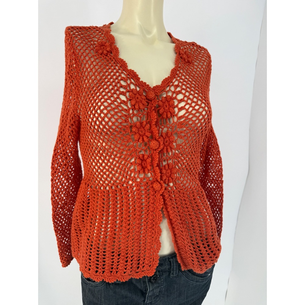 Y2K Distow Wear Rust Orange Crochet Cardigan Floral Open Knit Boho 100% Cotton M